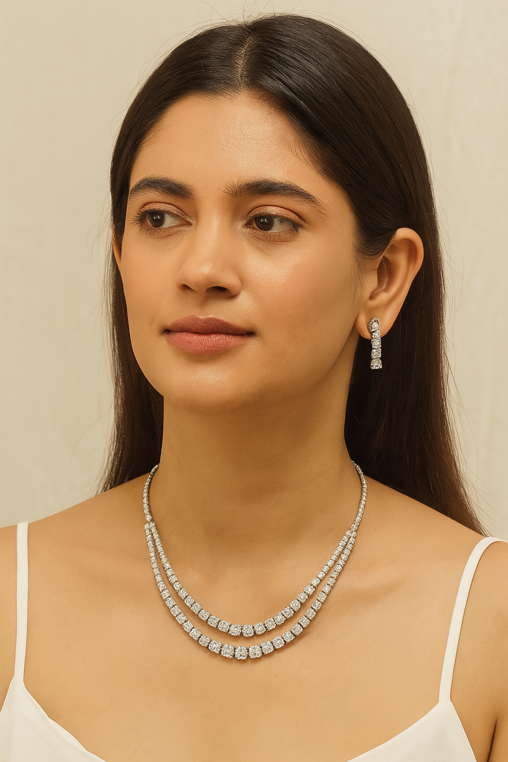 Two-Line Solitaire Diamond Necklace Set – White Polish Finish